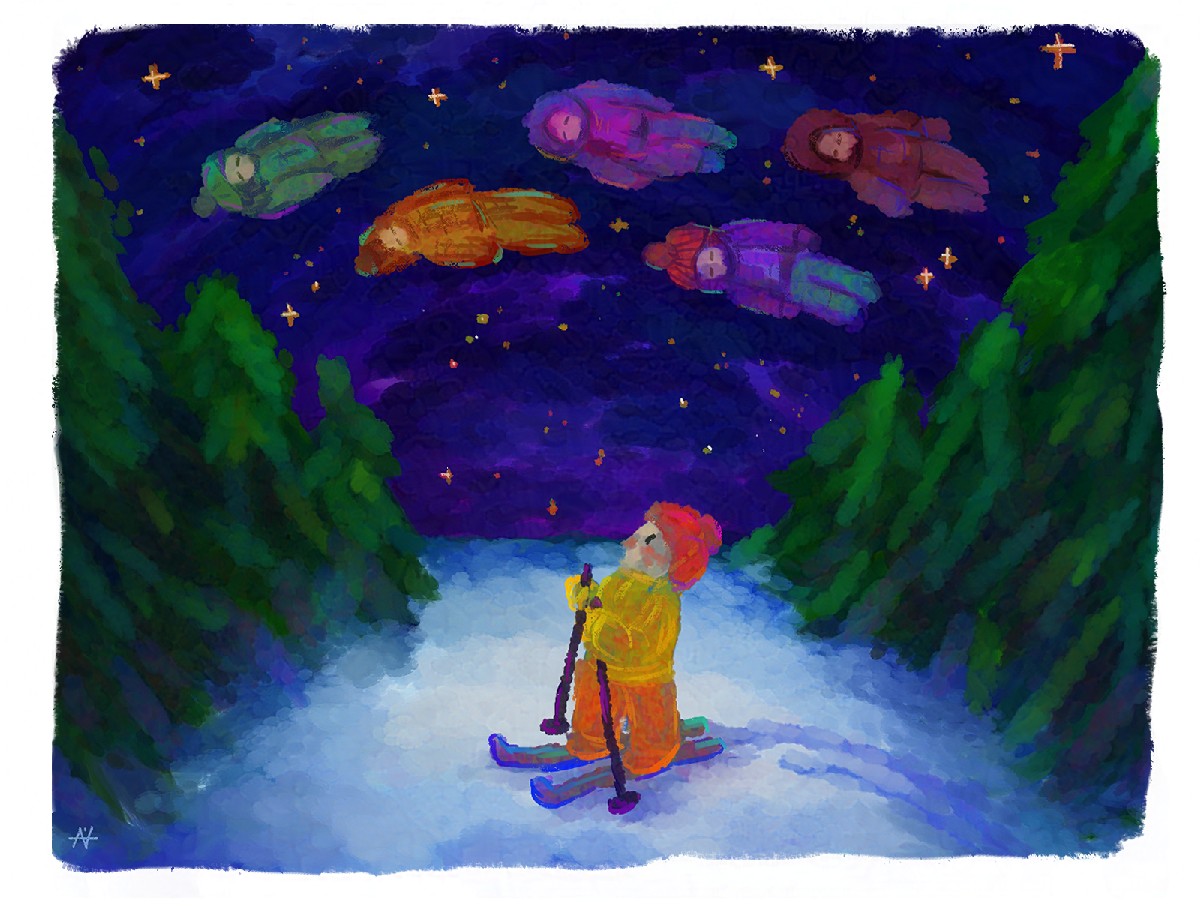 Peinture digitale d'un skieur dans la nuit. Des enfants flottent dans le ciel étoilé.
